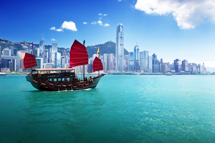 Classic sailboat in Hong Kong harbor