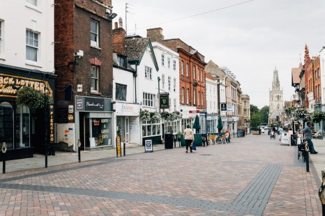 Gloucester, United Kingdom - August 17, 2015: Commercial and pedestrian street in Gloucester town center a cloudy day