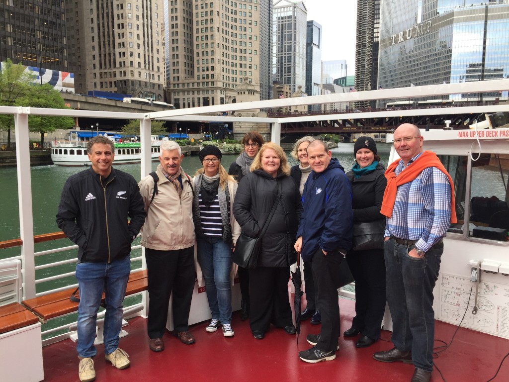 The delegation enjoying some of the many architectural delights of Chicago from a cruise on the “chilli” Chicago River. L-R: Brent Frazer Cairns Business & Leisure Travel, Michael Schischka Mary Rossi Travel, Nicole Curtis Maxims Travel, Sarah Szubanski Platinum Travel Corporation, Deidre Parkes-Finch United Airlines, Connie Roos Worldwide Travel, Scott Darlow Magellan Travel Group, Kathleen Nicholson TTFN Travel and Damian Brennan PBT Travel.