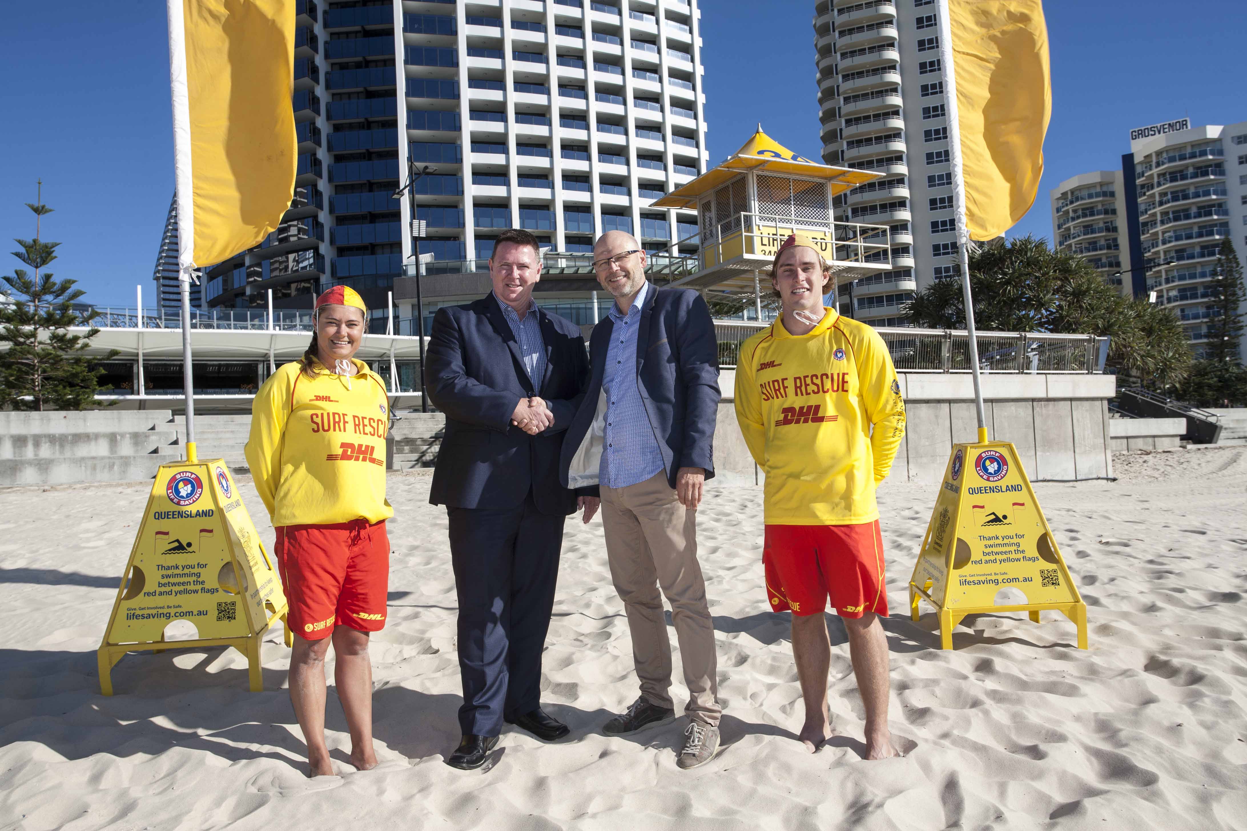 Pictured - John Brennan and Tomas Johnsson with two SLSQ lifeguards