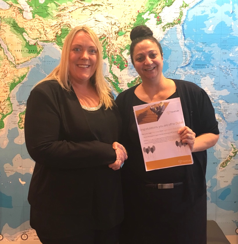 TravelCube NSW Sales Executive Cath Marshall (left) congratulates Niki Deller from Flight Centre North Rocks on winning a spot on TravelCube's five-star Dubai famil. 