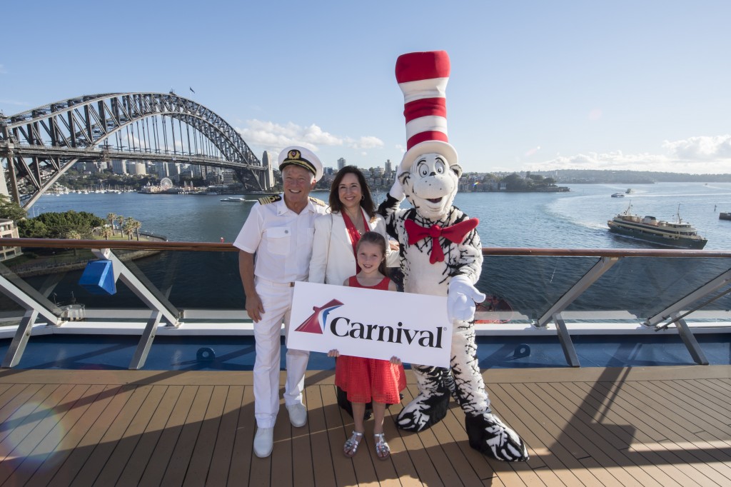 Captain Adriano Binacchi, Carnival Cruise Line President Christine Duffy, Matilda Jenkins (Westmead) and Cat in the Hat