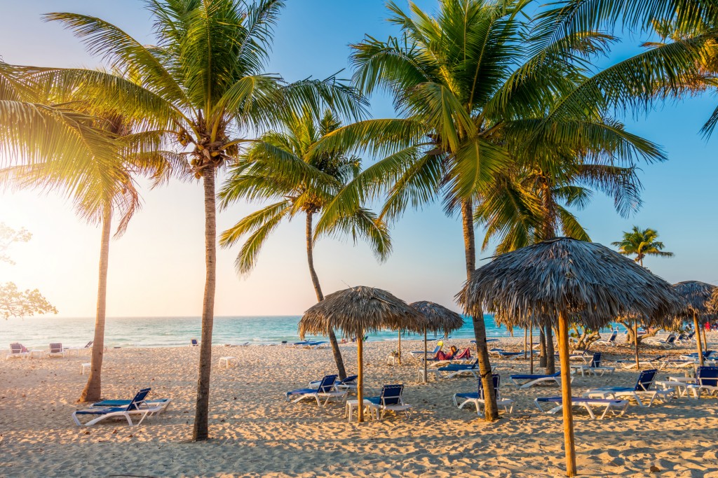 Cuban beach with sun lounger and palms
