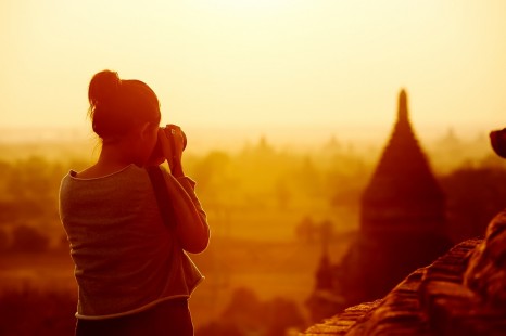 Photographing temples at Bagan at sunrise