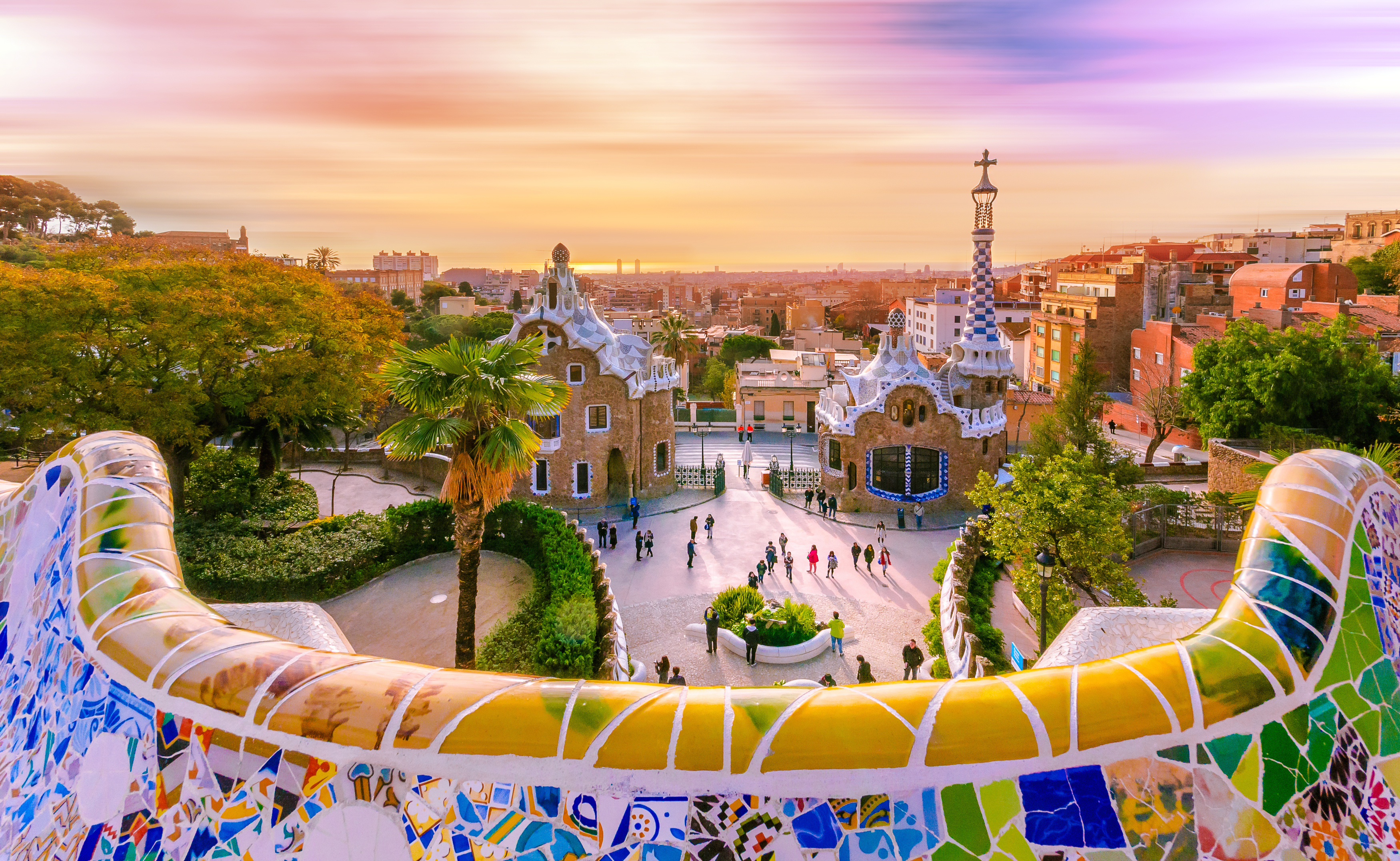 View of the city from Park Guell in Barcelona, Spain with moving clouds.