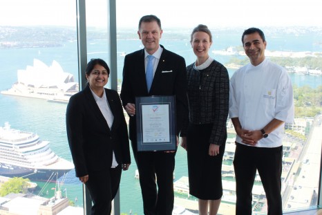 Shangri-La Hotel, Sydney ISO 22000 Award. Left to right, F+B Hygienist Gauri Apte, General Manager, Craig Hooley, Resident Manager Gudrun Smith & Executive Chef Hemant Dadlani