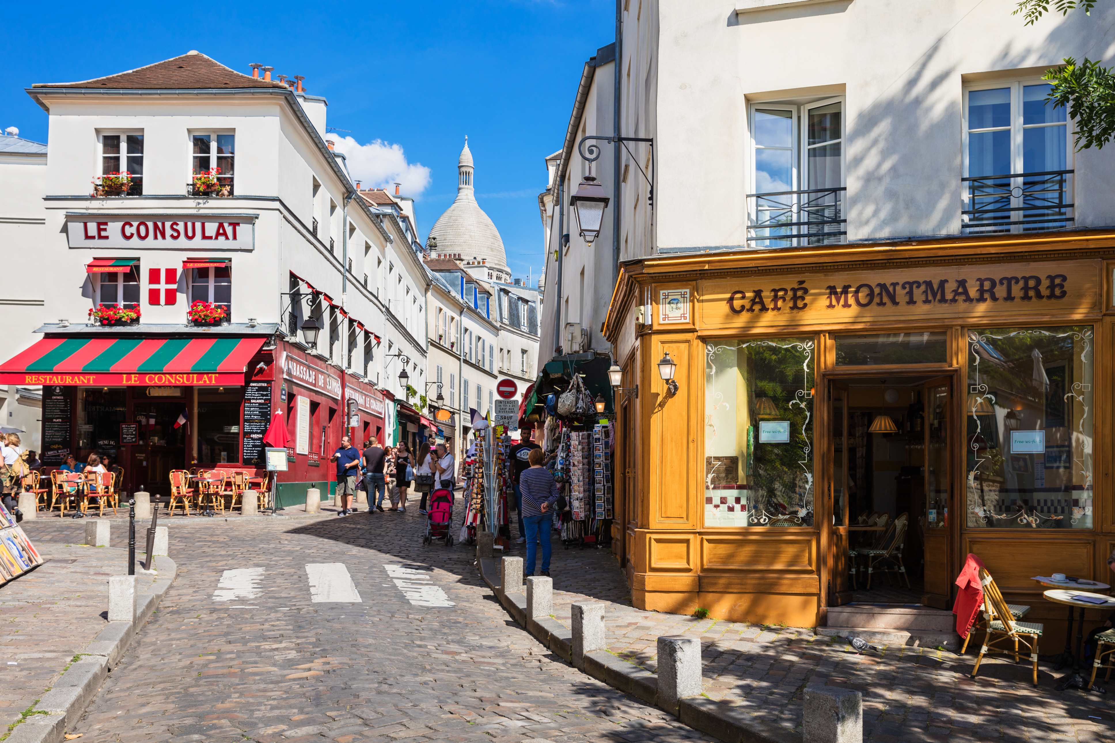 Charming quarter of Montmartre with traditional french cafes, Paris, France