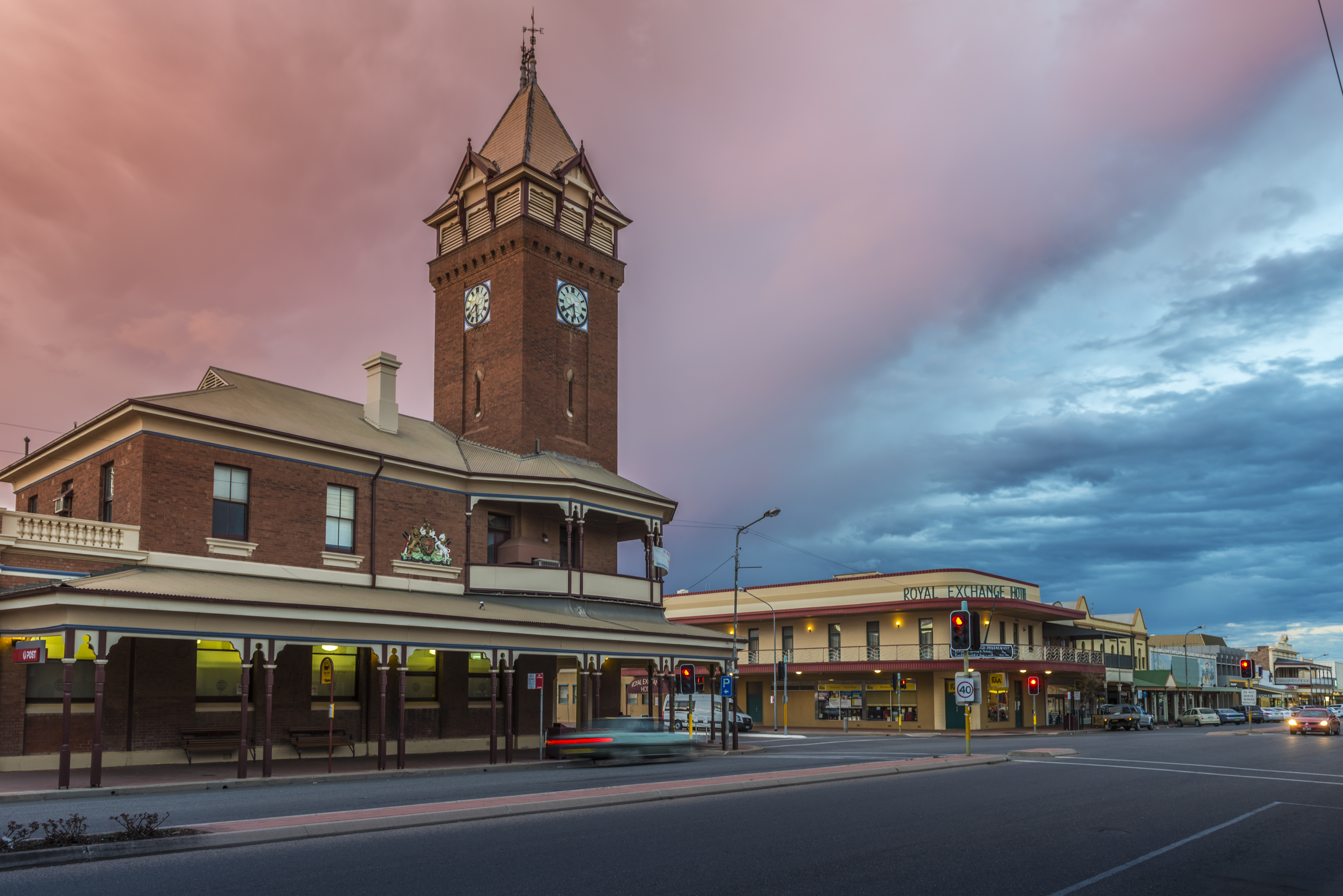 Broken Hill Post Office and Royal Exchange Hotel, Australia. Twilight.