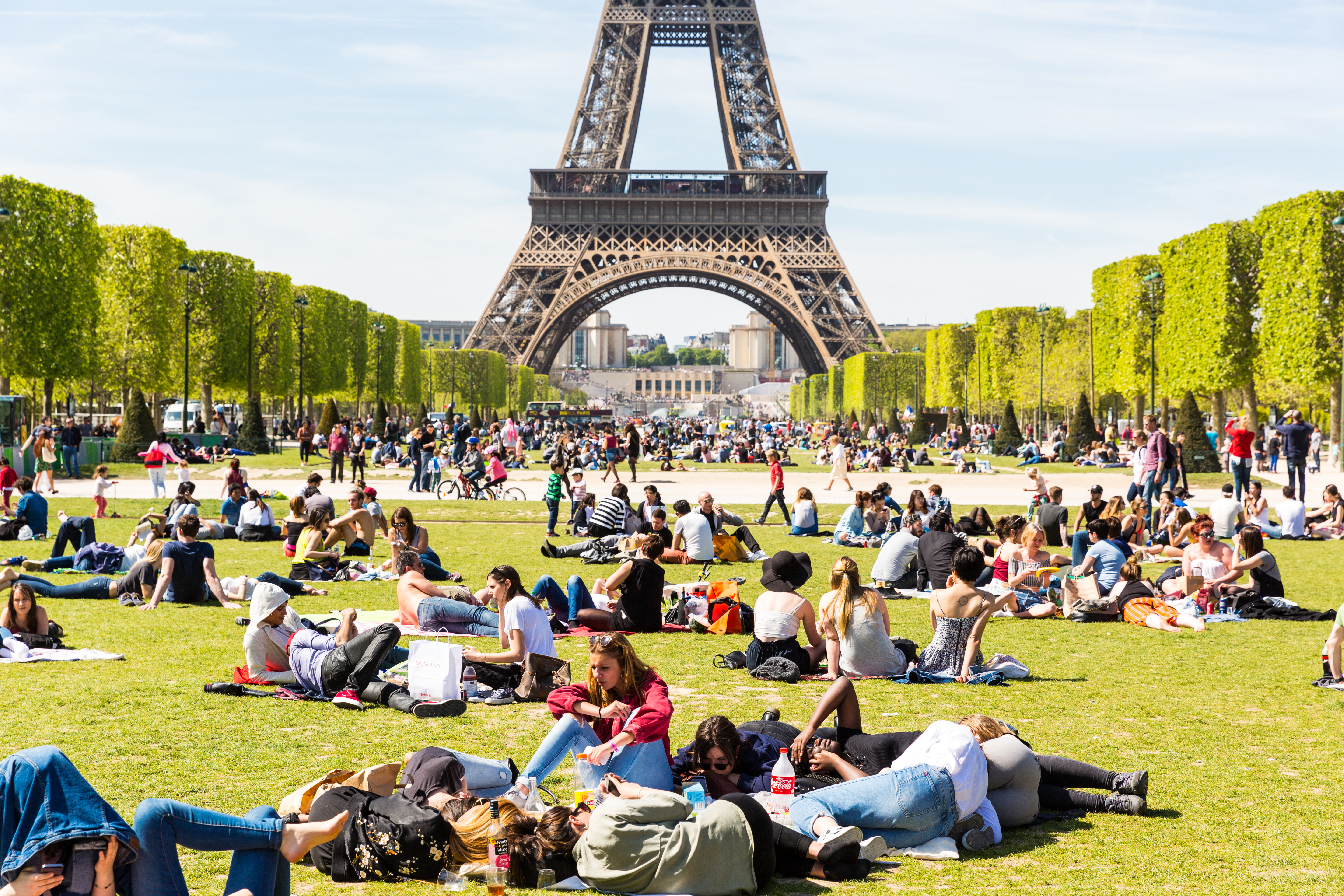 People on Champ de Mars with Eiffel Tower on background