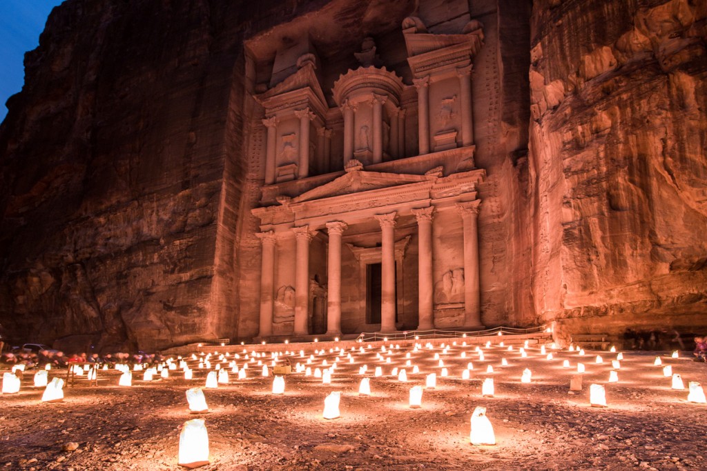 When visiting Jordan it is a must to go to Petra, when in Petra it is a must to take the Petra by night tour through the Siq to the Treasury temple. Along the path several kilometers long the organizers light more than 2000 candles. This provide the only illumination other than that of the stars and constant strobes of tourist cameras.