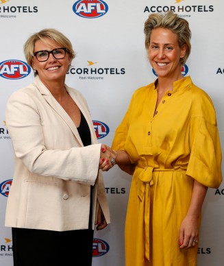 MELBOURNE, AUSTRALIA - NOVEMBER 09: Renae Trimble - Accor Hotels Vice President Sales, Digital & Loyalty, Australia (left) and Kylie Rogers - AFL General Manager Commercial (right) pose for a photograph during the AFL and AccorHotels Special Announcement at Pullman on the Park on November 9, 2018 in Melbourne, Australia. (Photo by Michael Willson/AFL Media)