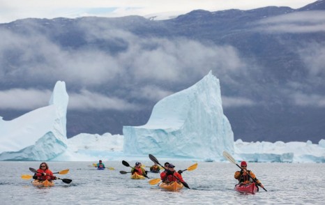 Aurora Expeditions' guests exploring Rode Island, Greenland by kayak