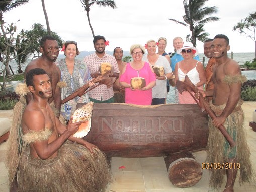 (L-R) Kaylene Shuttlewood, Hamish Naicker, Karen Coates, Samantha Slattery, Hannah Foster, Geoff Ivin and friends at Fiji’s Nanuku Resort