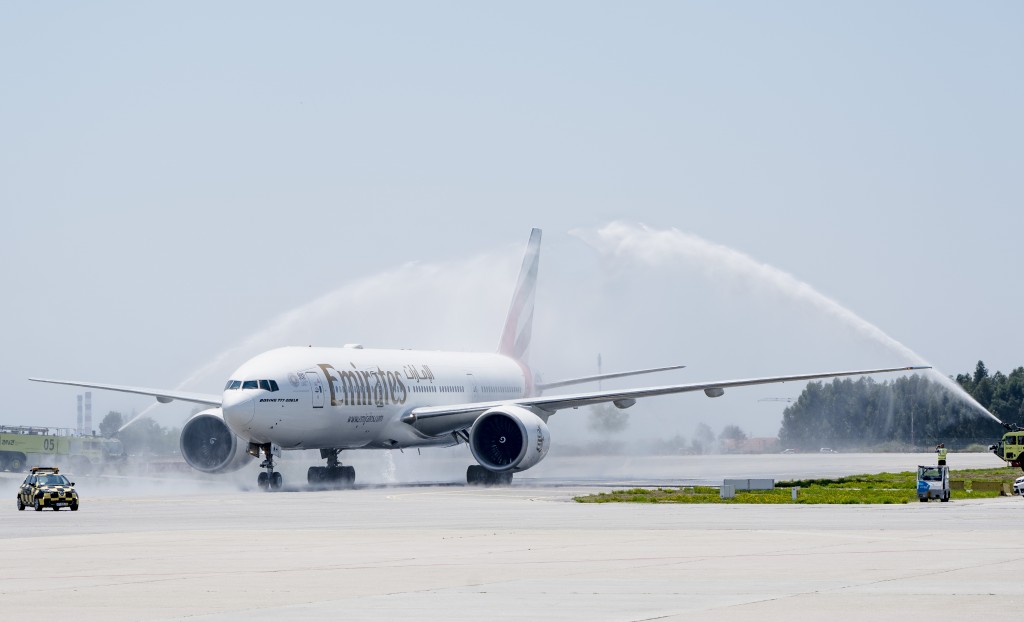 PRT- 02JUL2019 •Emirates’ Boeing 777-300ER is welcomed with a water cannon salute after touchdown at Porto Airport today for the airline’s newest service launch. Photo by Rui Coutinho
