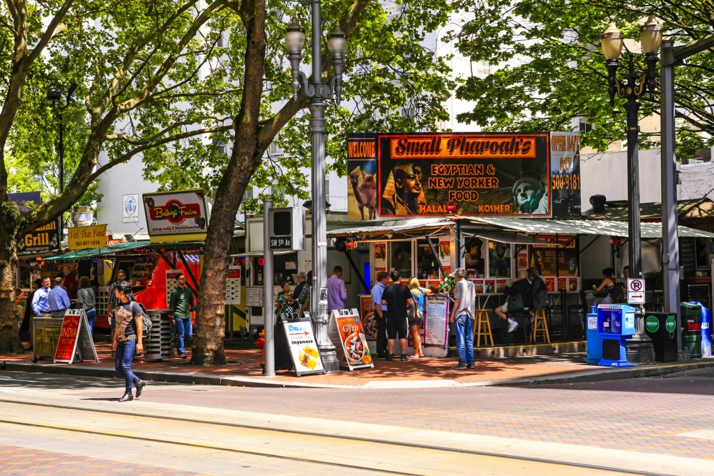 Multi-ethnic fast-food vendors in downtown Portland, Oregon
